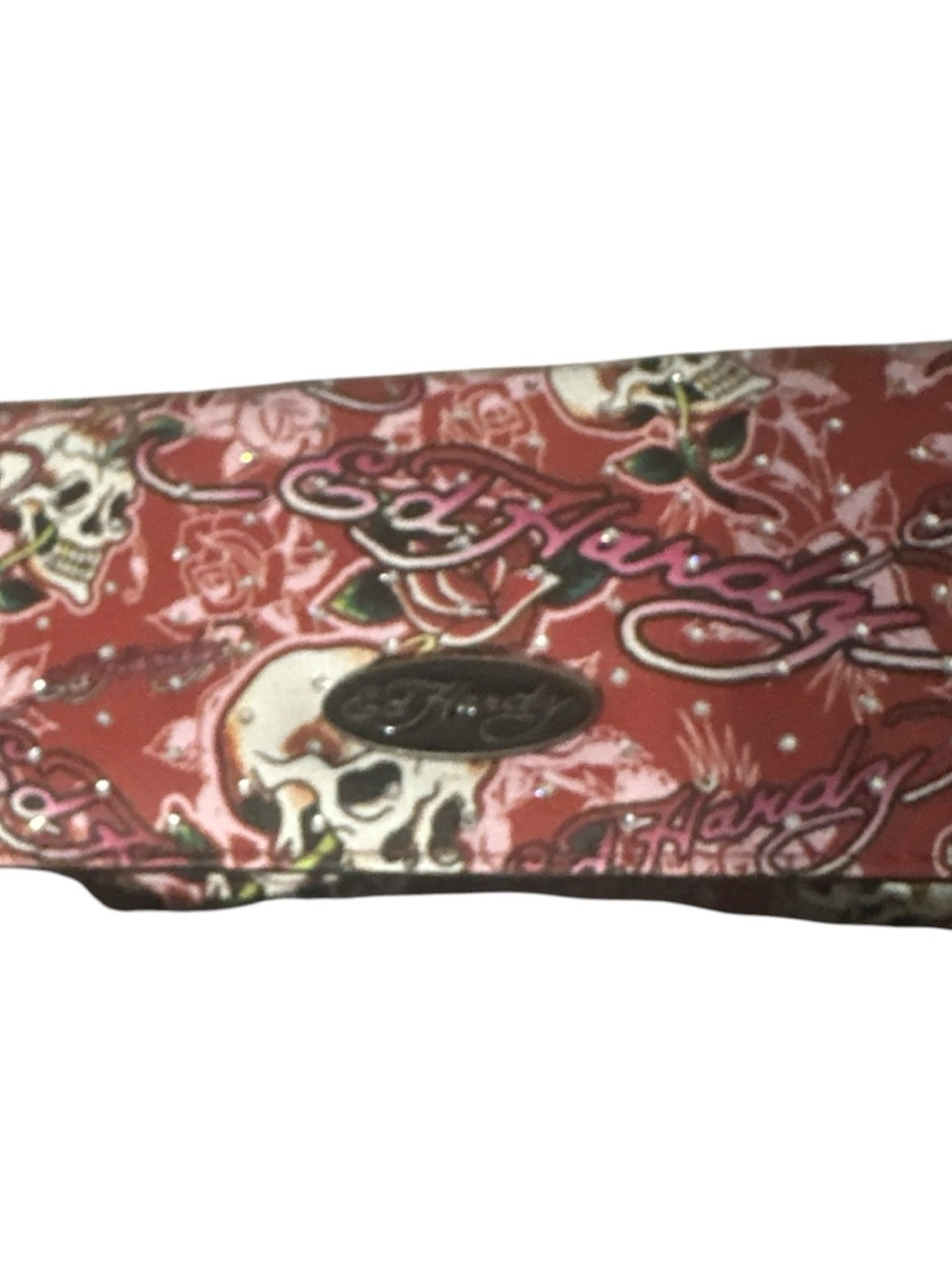 NWT Ed Hardy Red Skull & Rose Graphic Wallet lots of card and pocket rhinestones